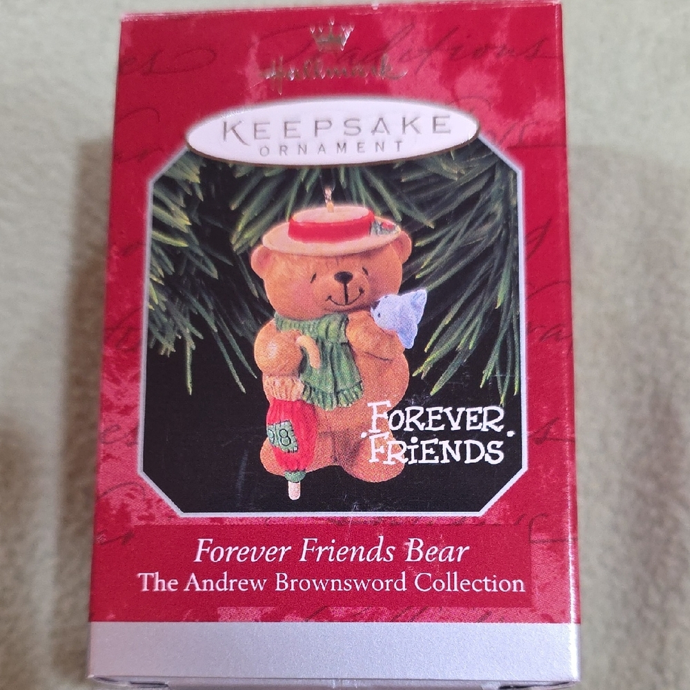 Hallmark Forever Friends Bear Ornament with Red Hat and Green Scarf